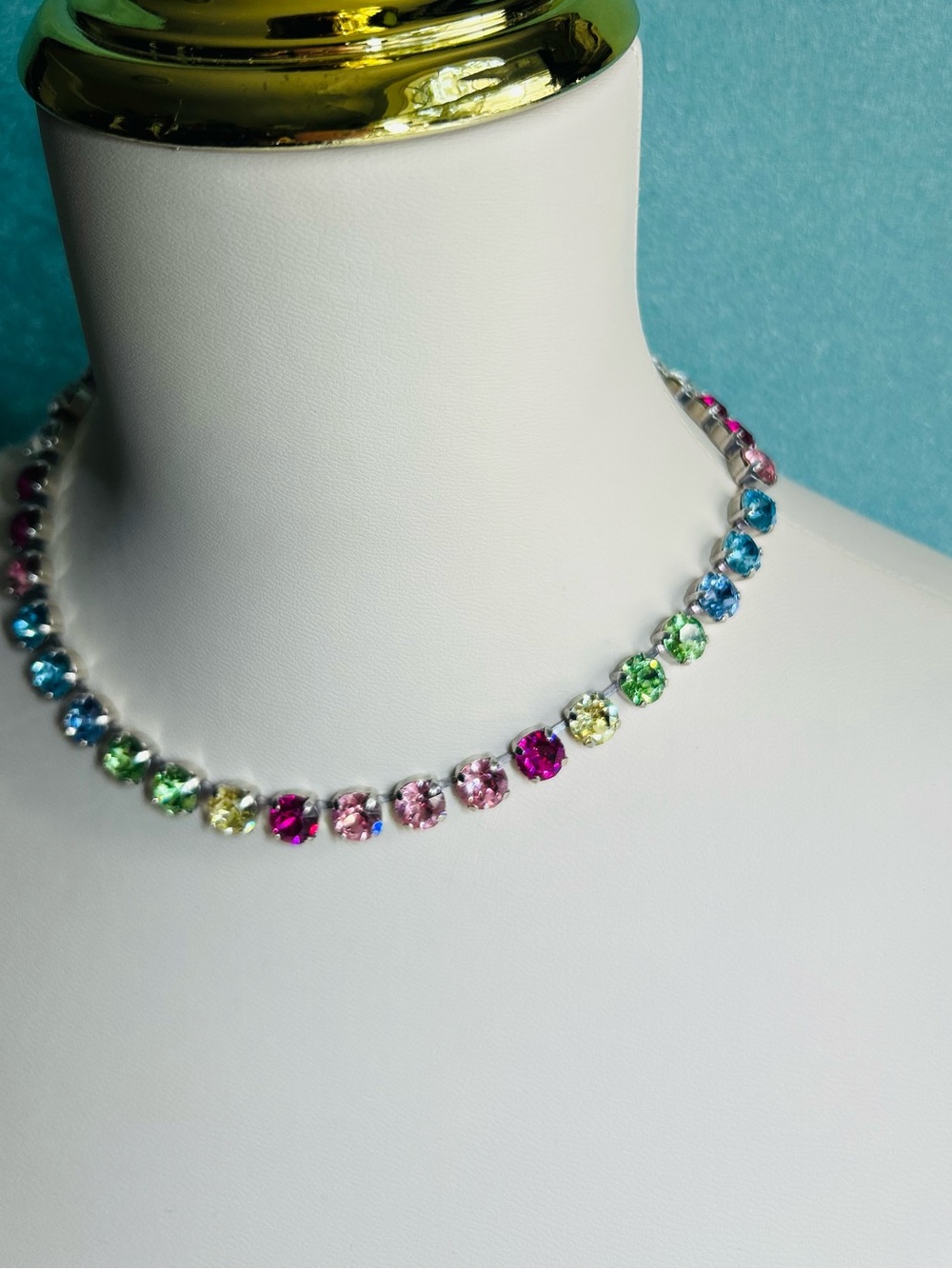Source Unknown Rainbow Crystal Tennis Necklace in Pink, Blue, Green, Yellow